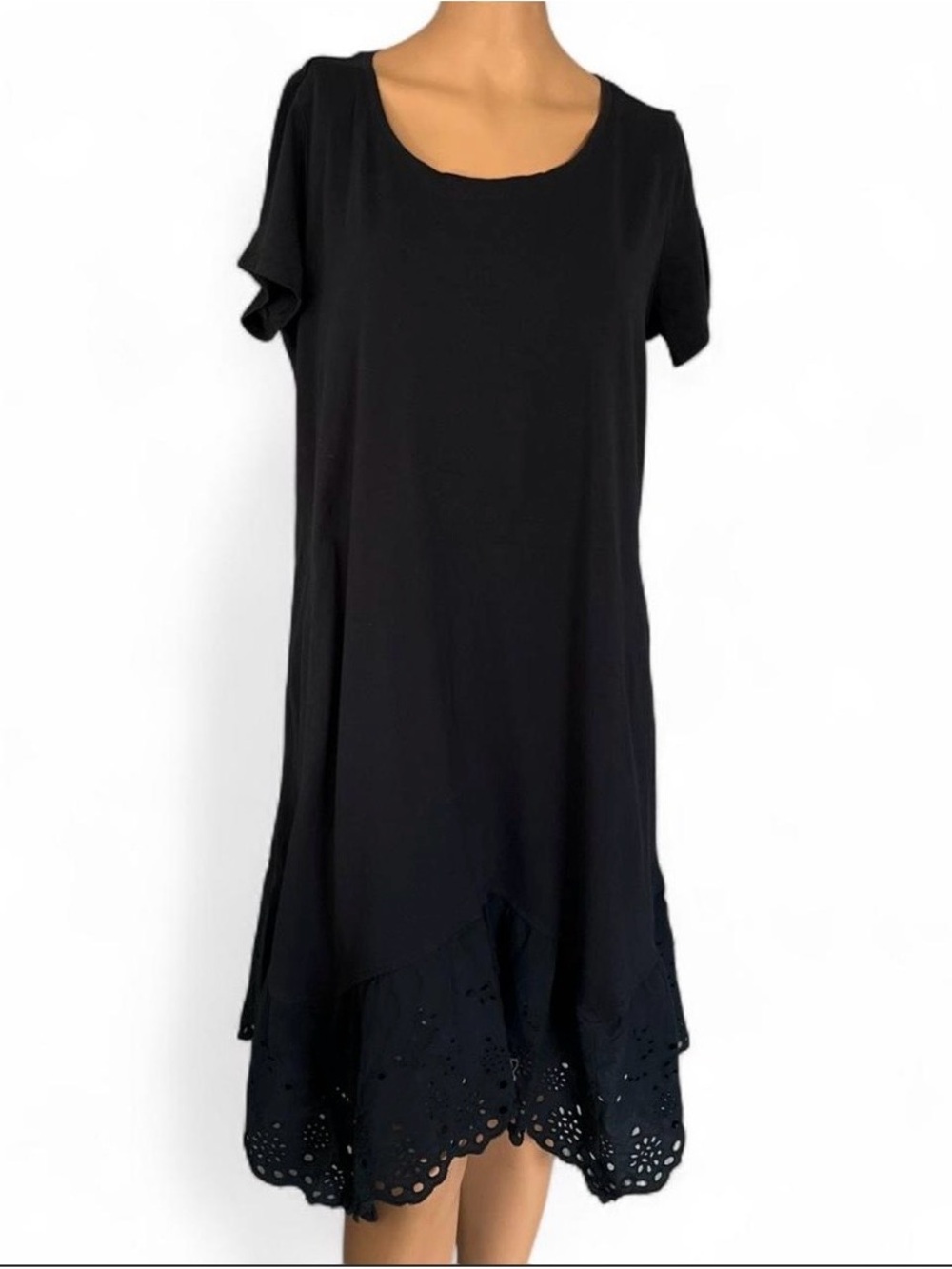 LOGO by Lori Goldstein Navy Blue Scoop Neck Midi Dress with Eyelet Hem